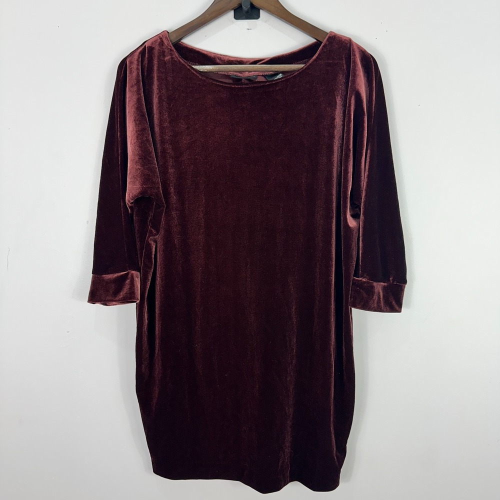 New York & Company Womens‎ Dress M Burgundy Stretch Velvet Minimalist Mod Party